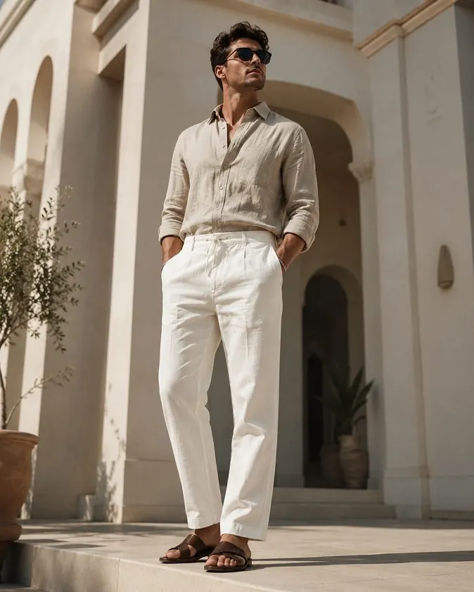 An Oatmeal Linen Shirt and Drawstring White Pants Make an Easy Resort Look
