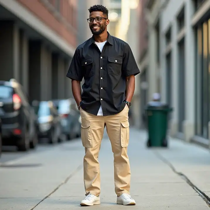 Black Camp Shirt Open Over Khaki Cargos