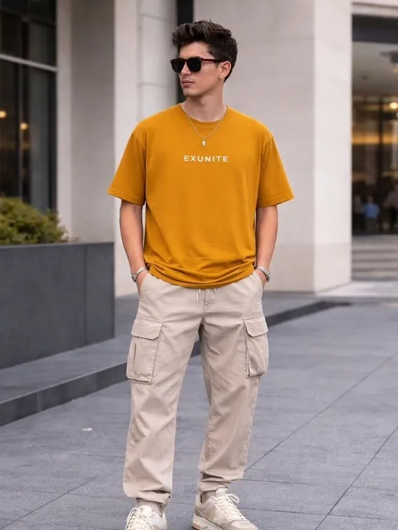 21 Men's T-Shirt Outfit Ideas That Actually Look Put Together 4 Mustard Tee and Stone Cargo Pants