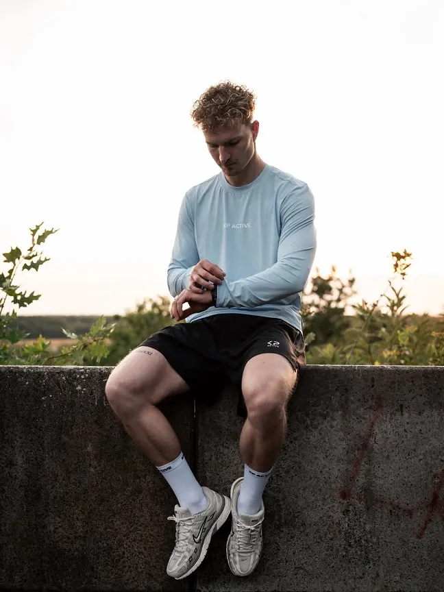 Pale Blue Long Sleeve With Black Shorts for Evening Heat