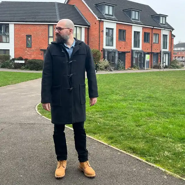 Charcoal Duffle Coat Over Wheat Boots