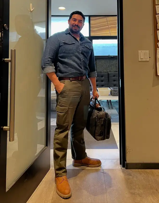 Denim Shirt And Olive Cargos For The Office Casual Crowd
