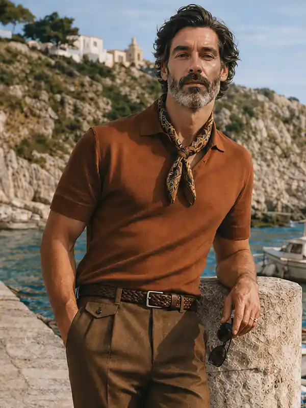 Rust Knit Polo With a Printed Neckerchief