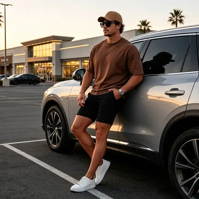 22 Black Shorts Outfit Ideas for Men That Actually Look Put Together 22 Brown Tee Over Slim Black Shorts