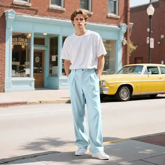 Summer Fashion for Skinny Guys: 20 Looks That Add Shape and Height 21 White Tee and Pastel Blue Trousers