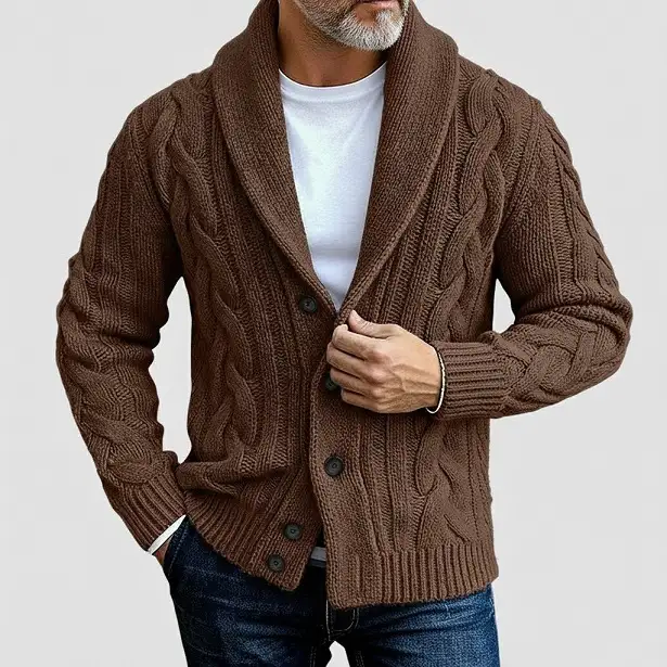 20 Cable Knit Sweater Outfits For Men That Look Expensive 10 Brown Shawl Collar Cardigan With A Plain White Tee