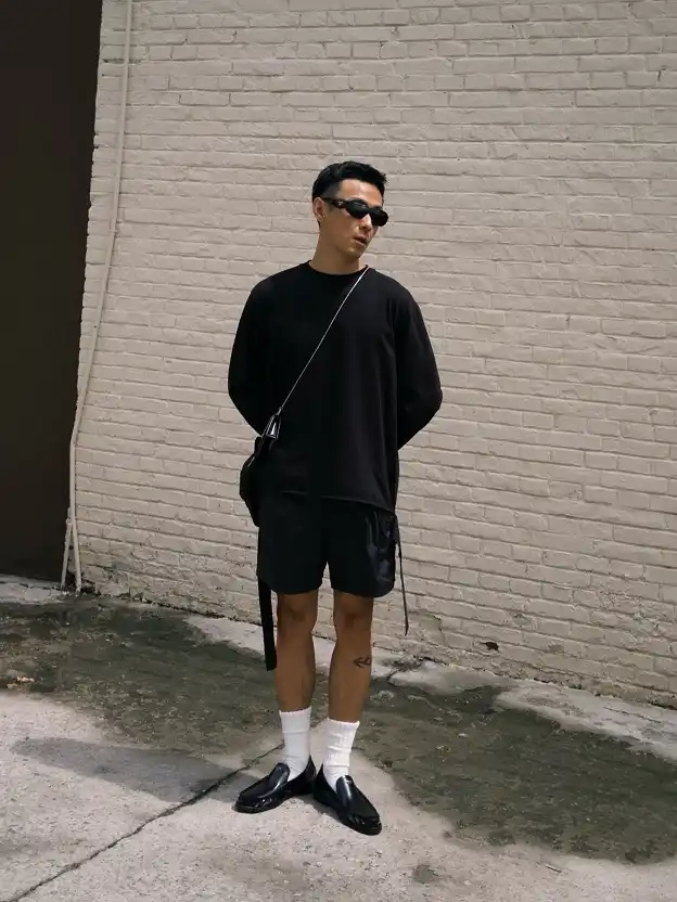 22 Black Shorts Outfit Ideas for Men That Actually Look Put Together 5 Long Sleeve Over Black Shorts, Finished With Leather Shoes