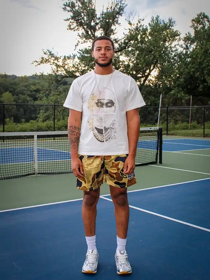 Gold Camo Nylon Shorts Cut Above the Knee