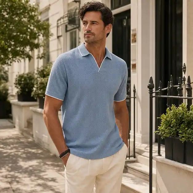 17 Minimalist Summer Outfits for Guys: Cool, Clean, Effortless Looks 6 The Open Collar Knit Polo That Softens a Sharp Trouser