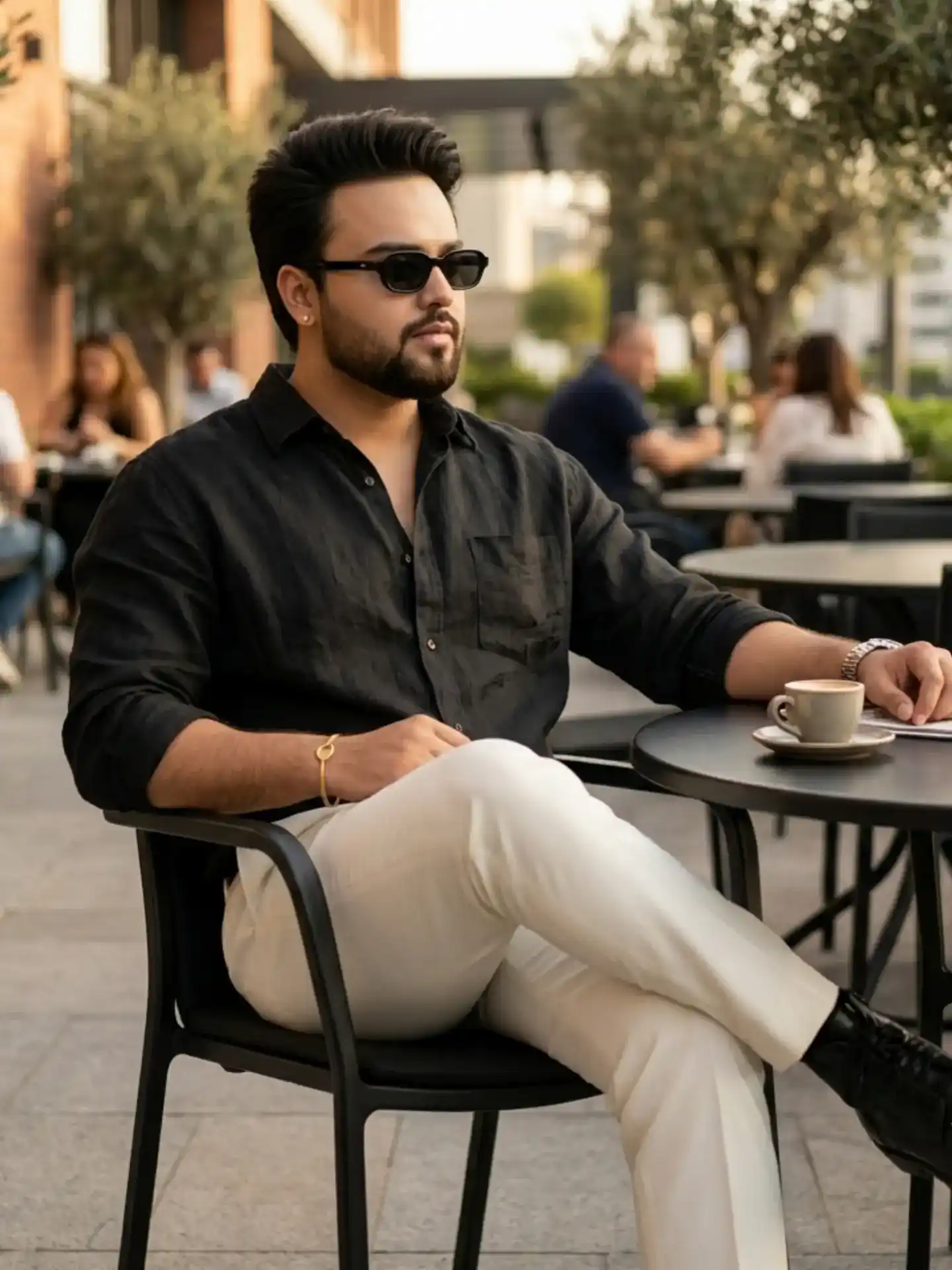 22 Coffee Date Outfits for Men That Make a Great First Impression 15 4. Black Linen and Cream Trousers, the Contrast Trick That Always Reads Sharp
