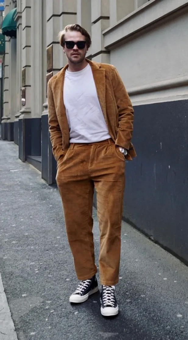 Full Tan Corduroy Suit With a White Tee and High Tops