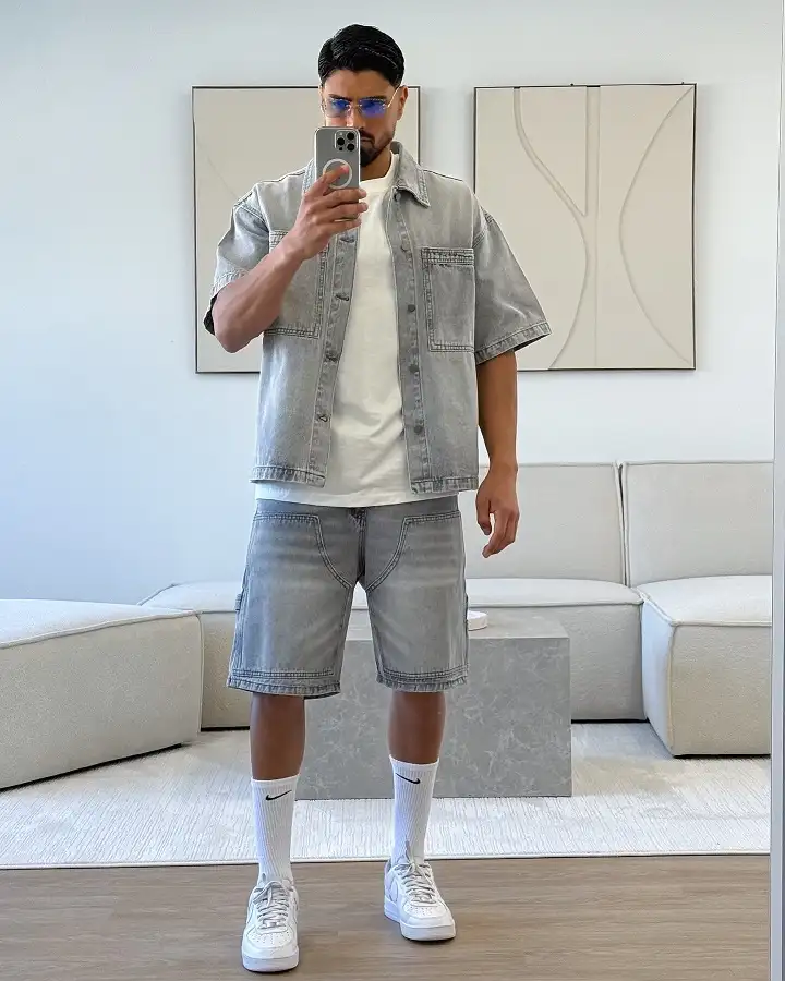 Grey Denim Shirt and Matching Denim Shorts for Warm Days