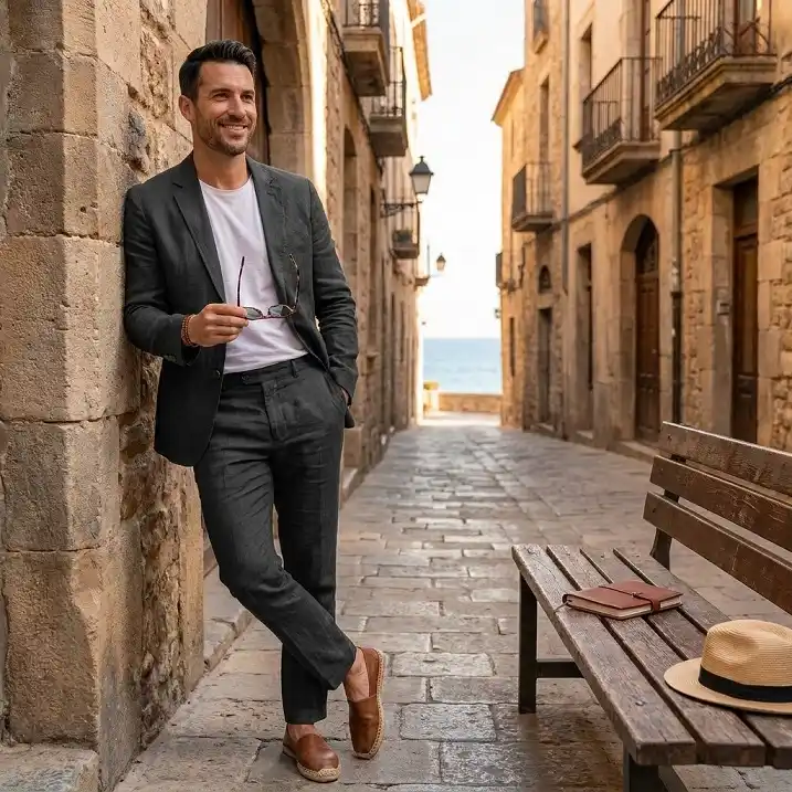 Charcoal Linen Suit Worn With a Plain White Tee