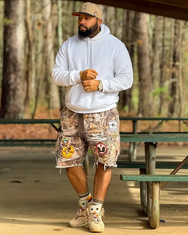 Hunting Print Camo Shorts With a Clean White Hoodie