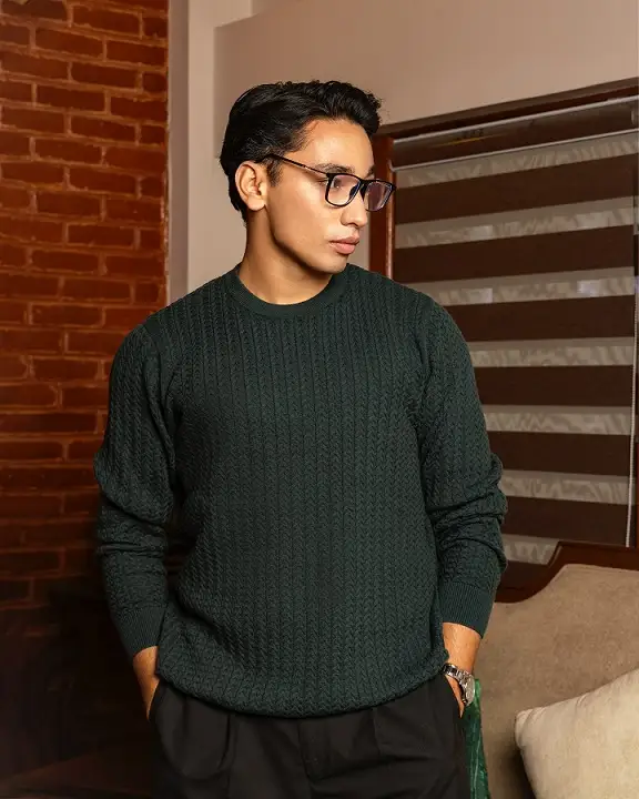 20 Cable Knit Sweater Outfits For Men That Look Expensive 9 Forest Green Textured Knit With Black Trousers