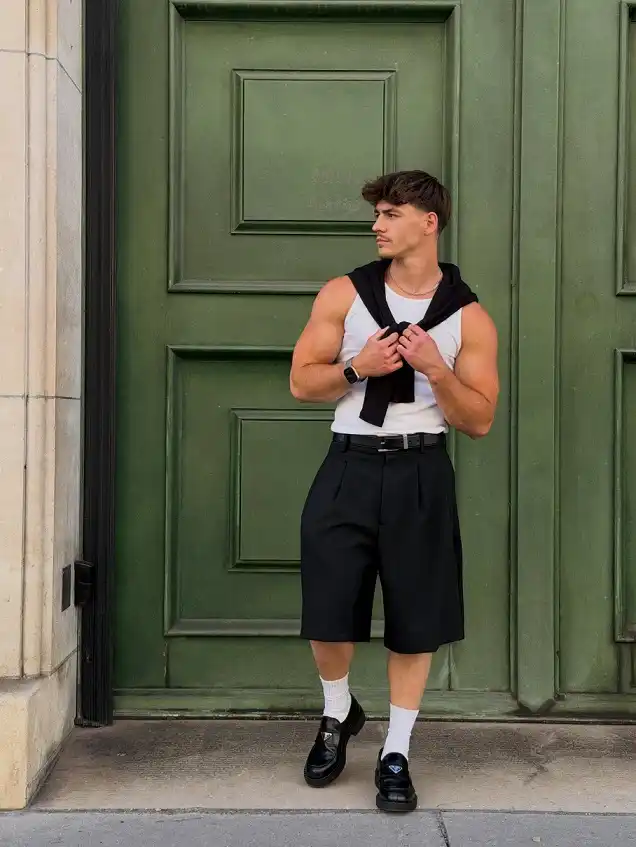 22 Black Shorts Outfit Ideas for Men That Actually Look Put Together 3 Pleated Black Shorts With a White Tank