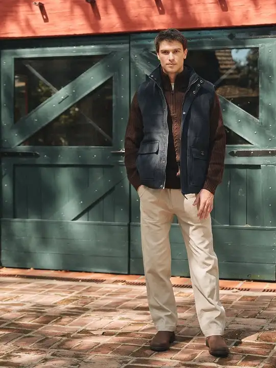 21 Winter Work Outfit Ideas for Men, From Wool Suits to Jobsite Layers 13 Navy Suede Vest Over a Brown Zip Cardigan