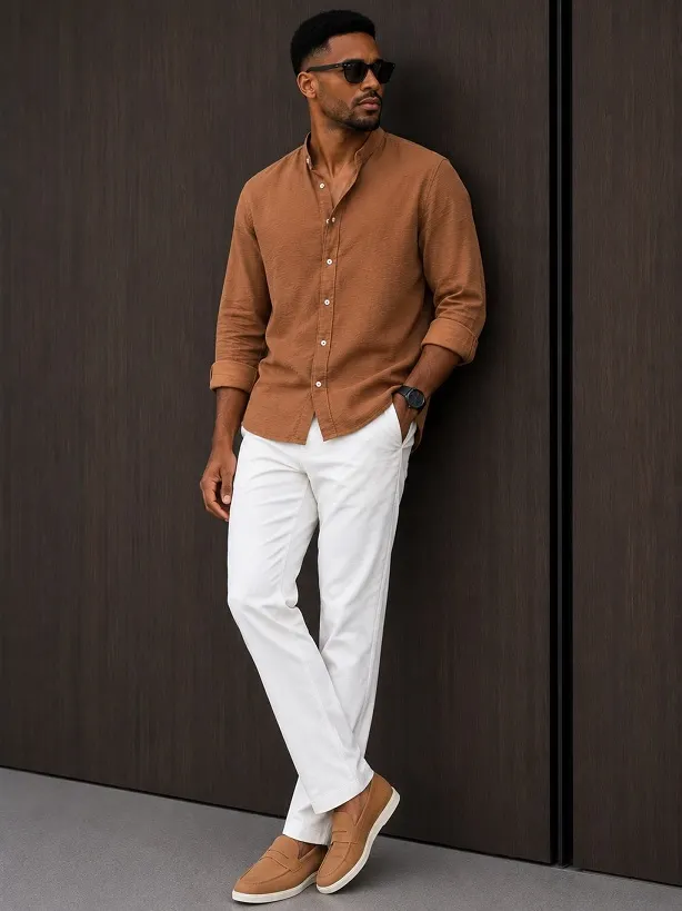 A Rust Band Collar Shirt and White Straight Leg Pants Feel Clean and Modern