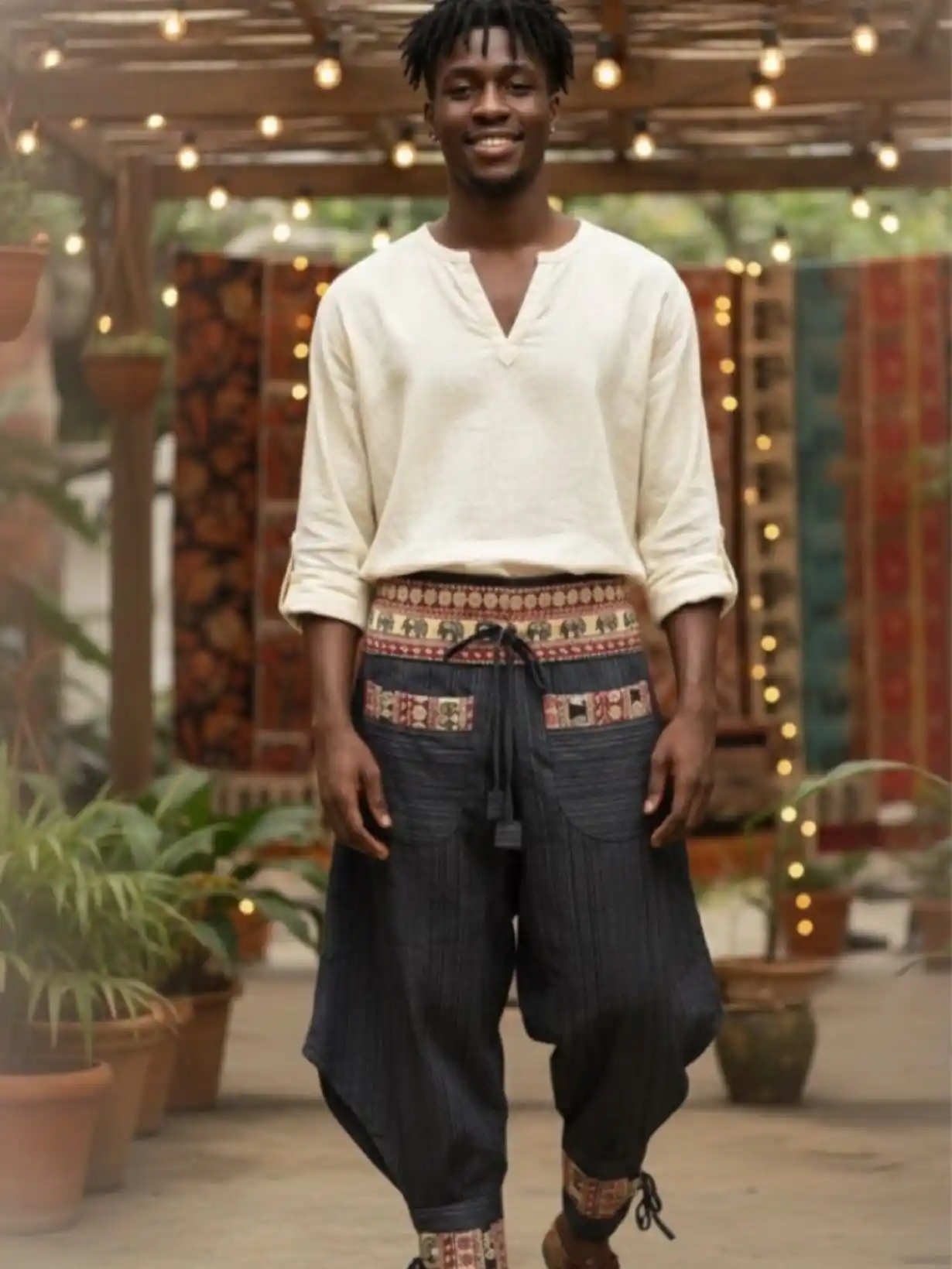16 Boho Outfit Ideas for Men to Wear Casually 10 Let Patterned Harem Pants Carry the Whole Outfit