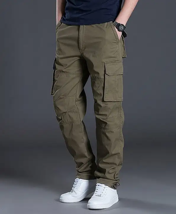 Olive Cargos With A Navy Tee And White Sneakers