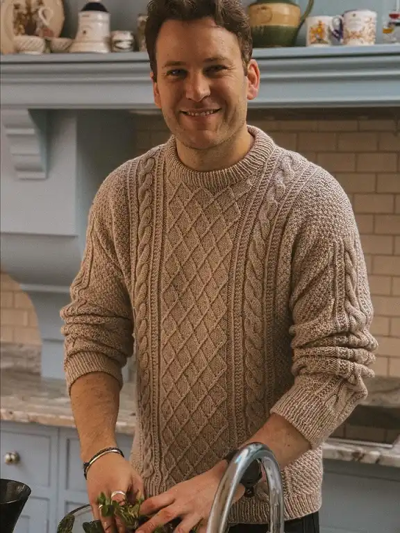20 Cable Knit Sweater Outfits For Men That Look Expensive 19 Taupe Aran Sweater For Slow Weekend Mornings