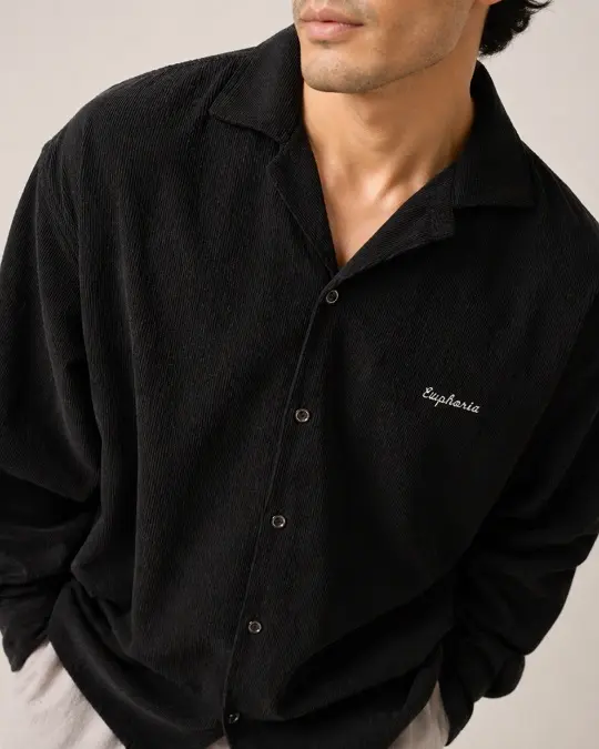 Black Corduroy Camp Collar Shirt, Worn Loose