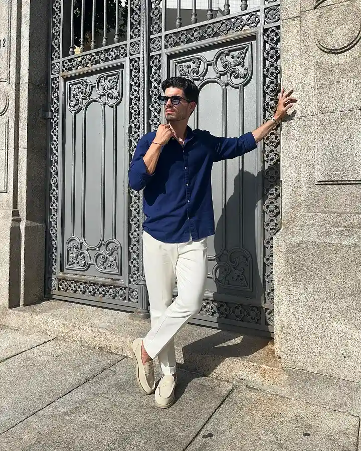 Navy Linen and Cream Trousers for a Dressed Up Summer Day