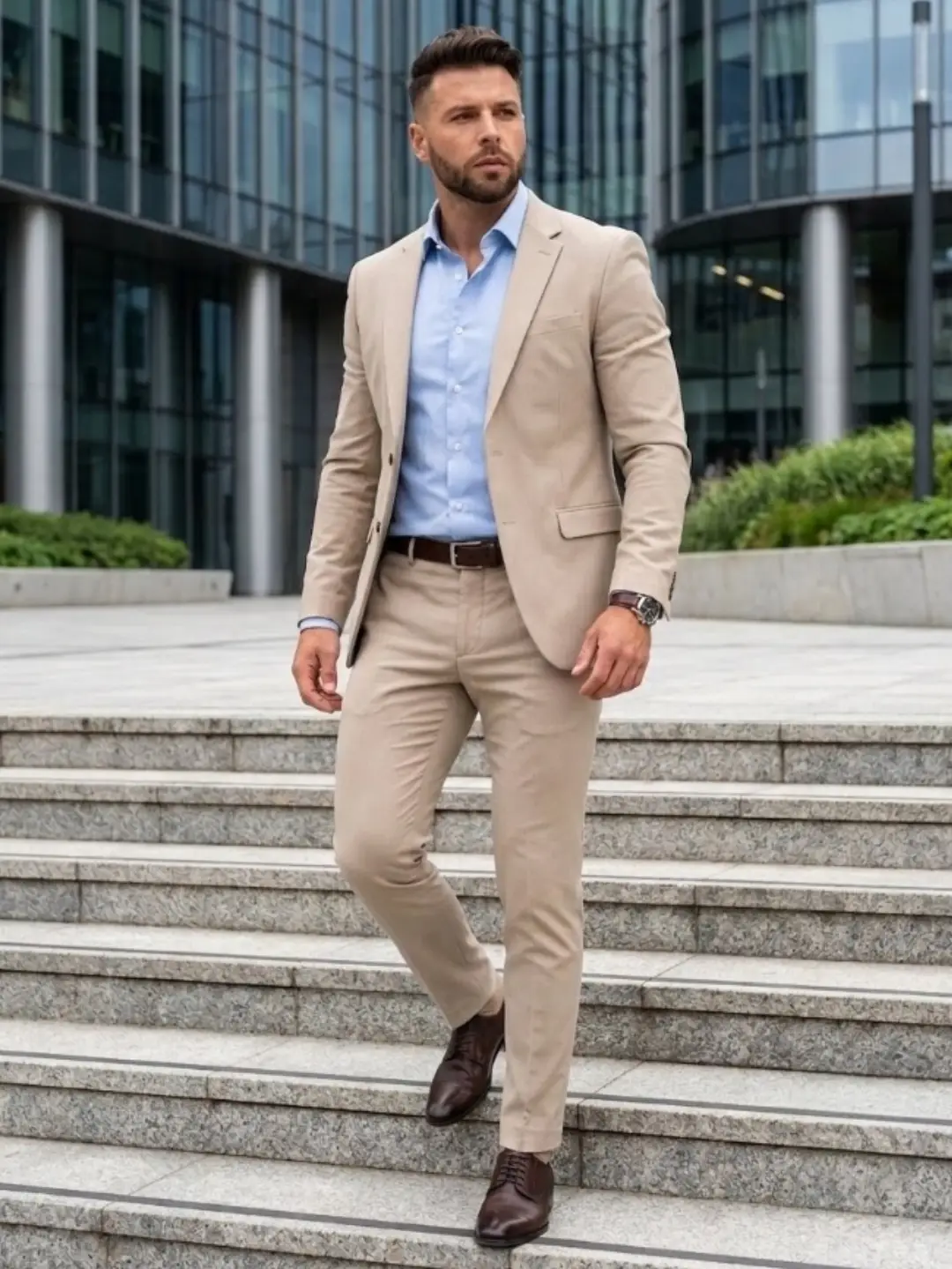 6. A Tan Suit That Skips the Tie and Still Means Business