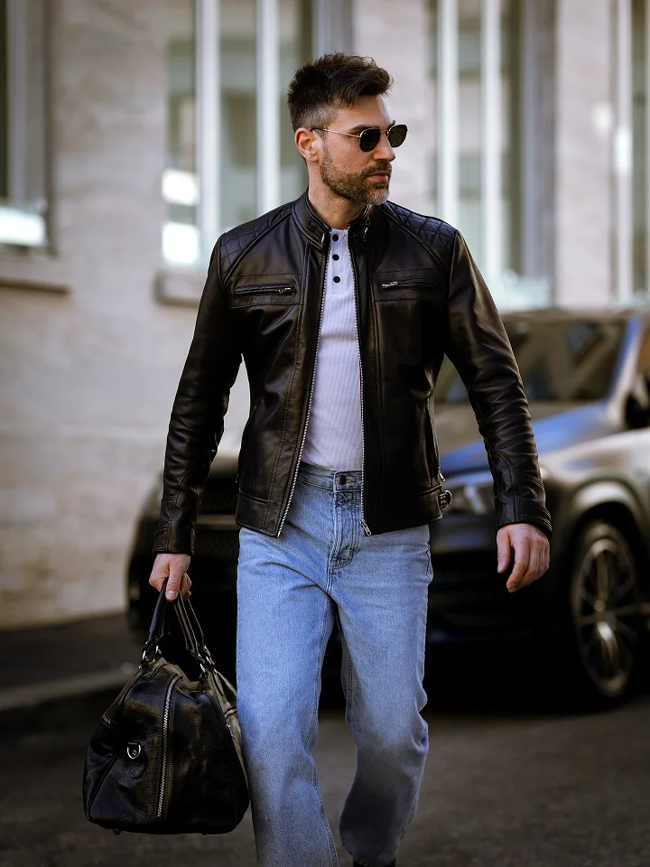 Quilted Racer Jacket, White Henley, Light Wash Jeans