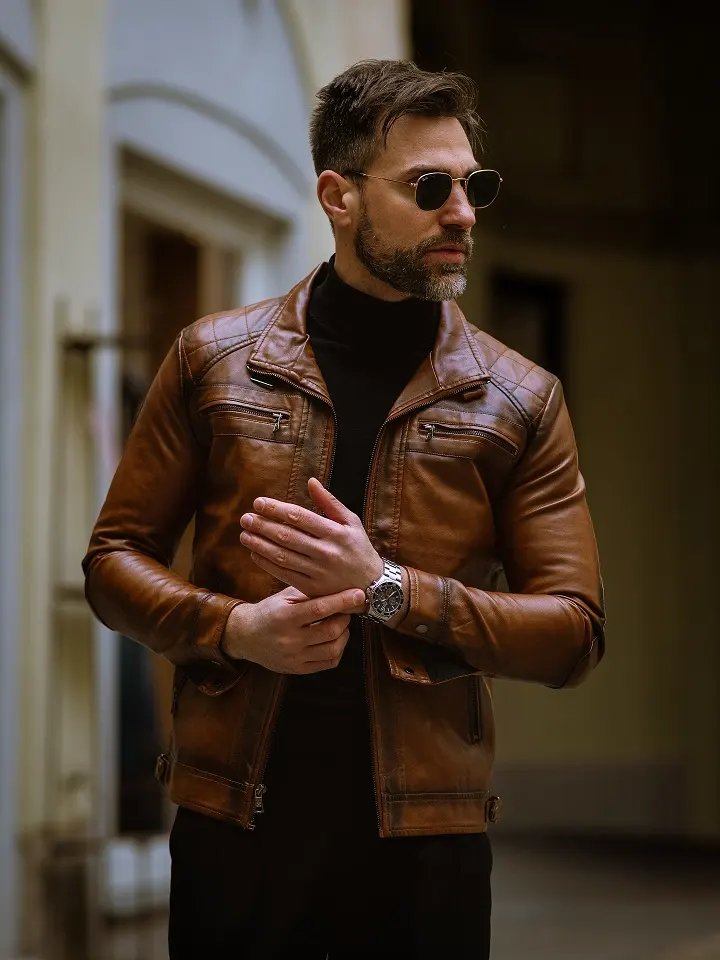 Cognac Brown Jacket Over a Black Turtleneck
