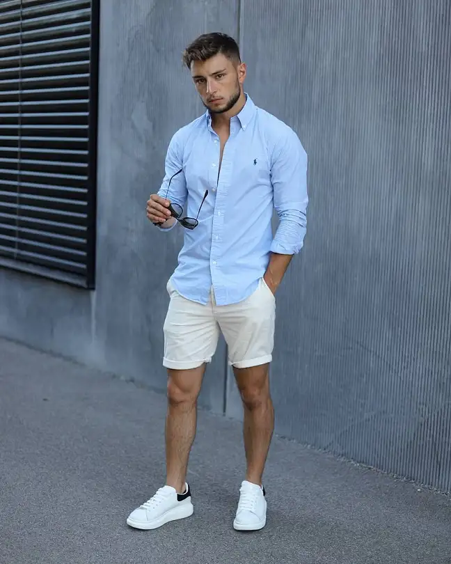 Blue Oxford Shirt With Cuffed White Shorts