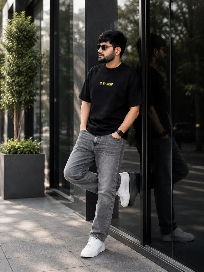 21 Men's T-Shirt Outfit Ideas That Actually Look Put Together 5 Black Tee With Grey Jeans Instead of Blue