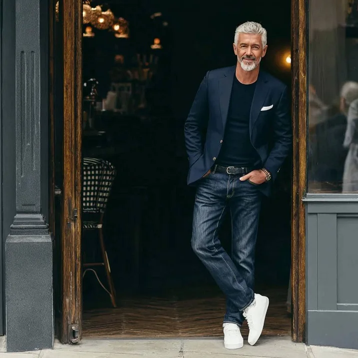 Navy Blazer and Dark Raw Denim, Dressed Down With Sneakers