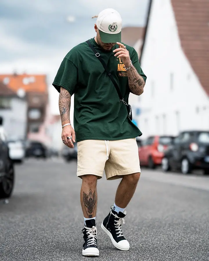 Forest Green Tee, Cream Shorts, Black High Tops