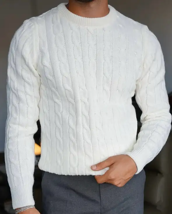 20 Cable Knit Sweater Outfits For Men That Look Expensive 13 White Cable Sweater With Grey Wool Trousers