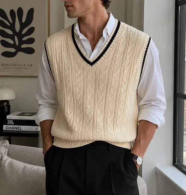 20 Cable Knit Sweater Outfits For Men That Look Expensive 8 Cricket Vest Over A White Shirt With Black Trousers