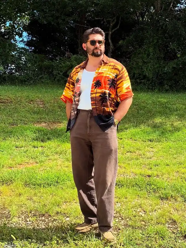 Sunset Print Shirt Over a Plain White Tank