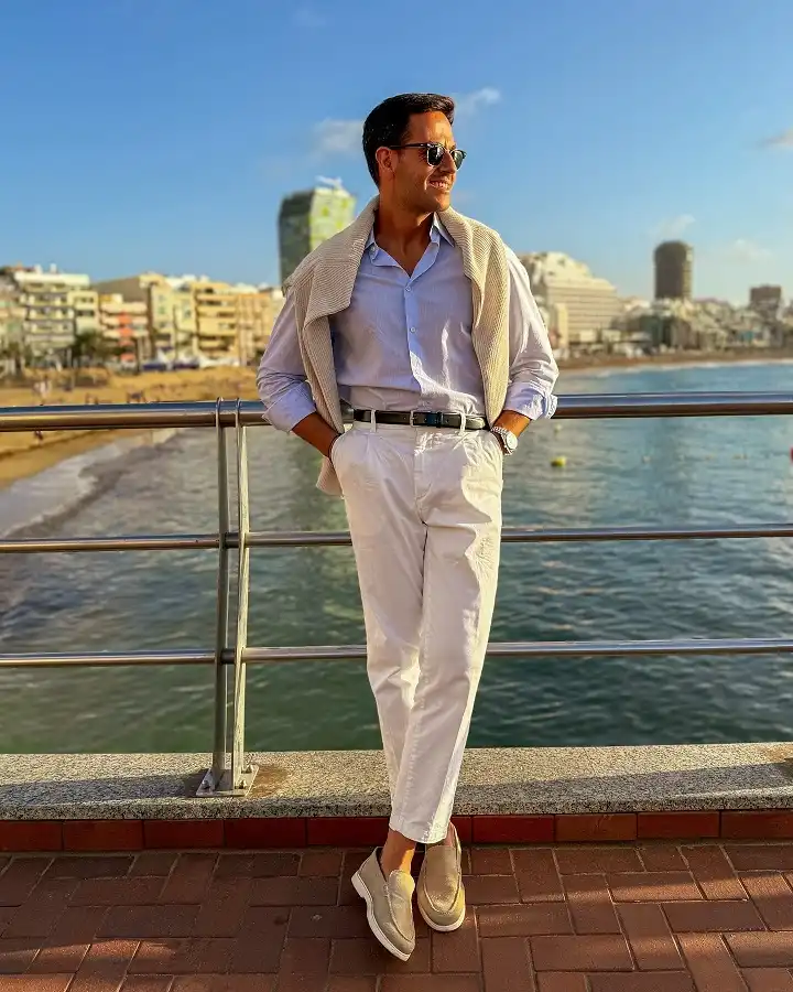 Layer a Draped Cardigan Over a Button Up for Effortless Warm Weather Polish
