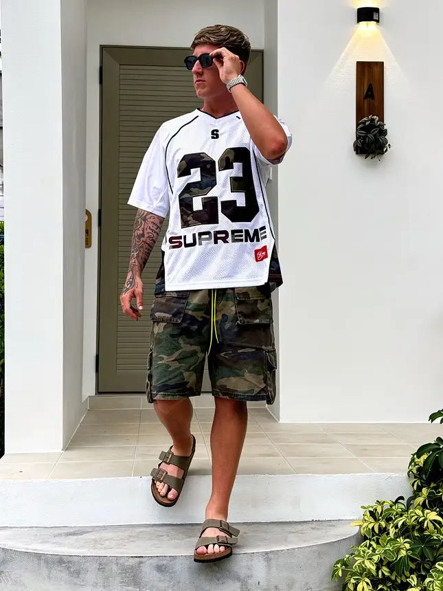 White Mesh Jersey With Baggy Woodland Camo Cargos