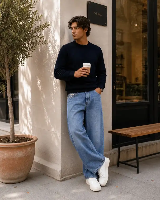 Navy Knit Sweater with Mid-Wash Jeans for Café Days