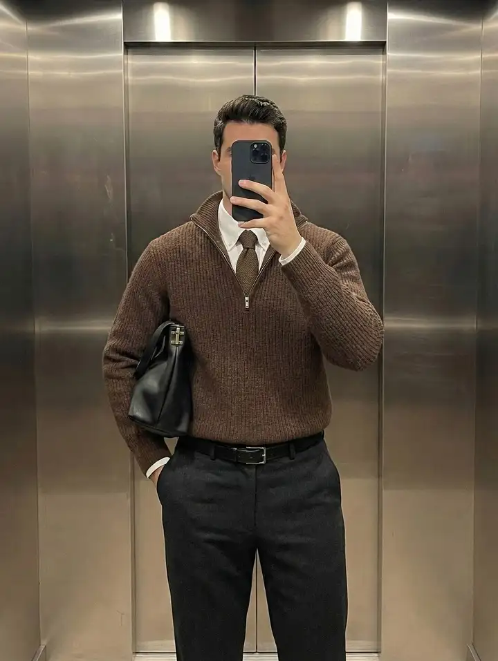 21 Winter Work Outfit Ideas for Men, From Wool Suits to Jobsite Layers 2 Brown Quarter-Zip Over a Shirt and Tie