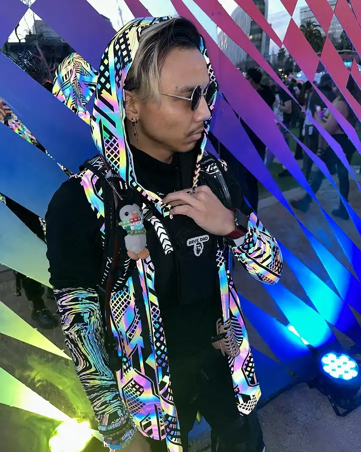 25 Rave Outfits for Men That Go All-in on Style 7 Oversized Graphic Bomber Layered With a Statement Belt