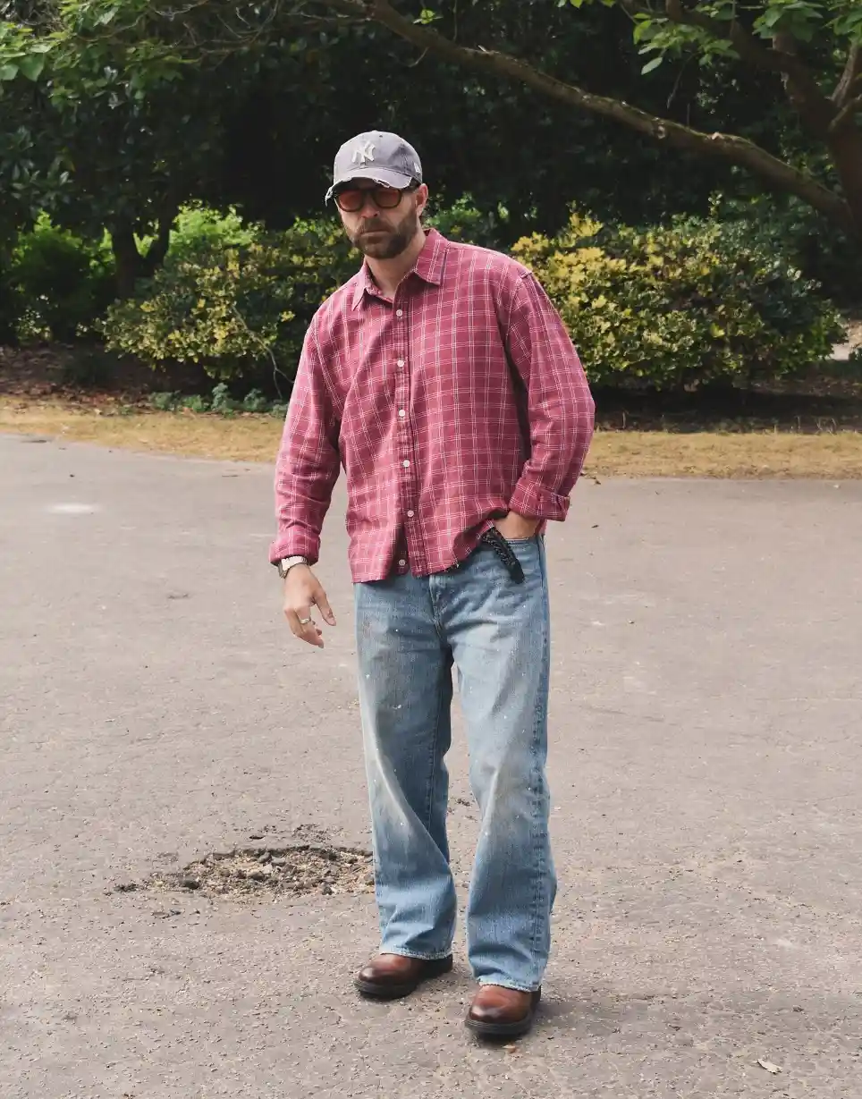 Faded Plaid Shirt With Light Wash Bootcut Jeans