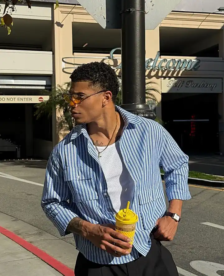Open Shirt Over a White Tank, With Wide Black Trousers