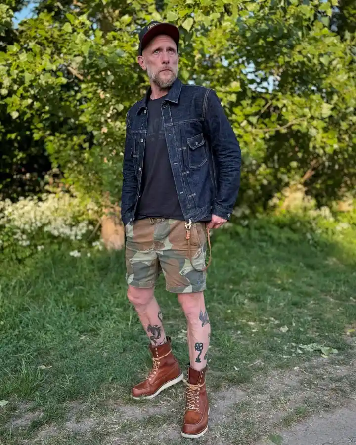 Raw Denim Jacket, Camo Shorts, Brown Work Boots
