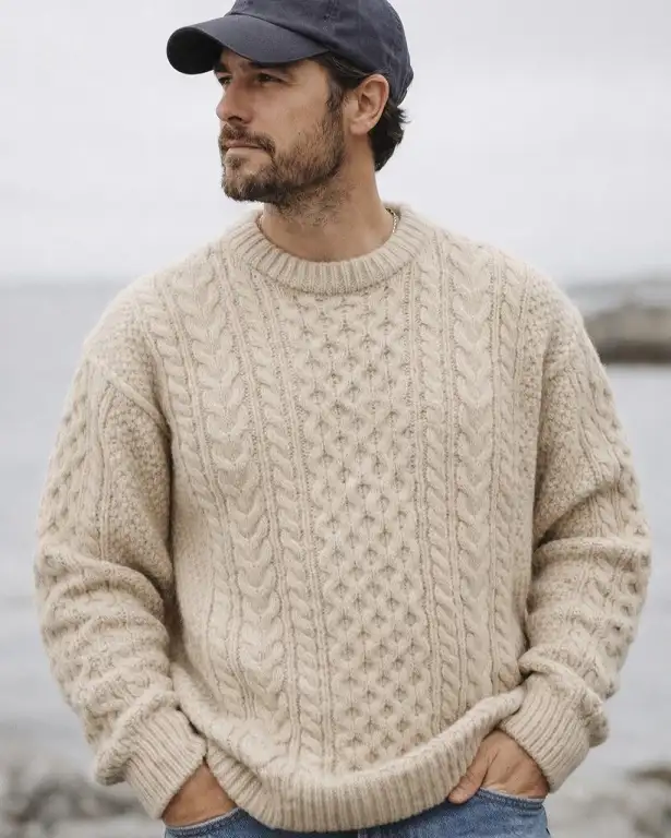 20 Cable Knit Sweater Outfits For Men That Look Expensive 17 Oversized Cream Aran With A Faded Ball Cap
