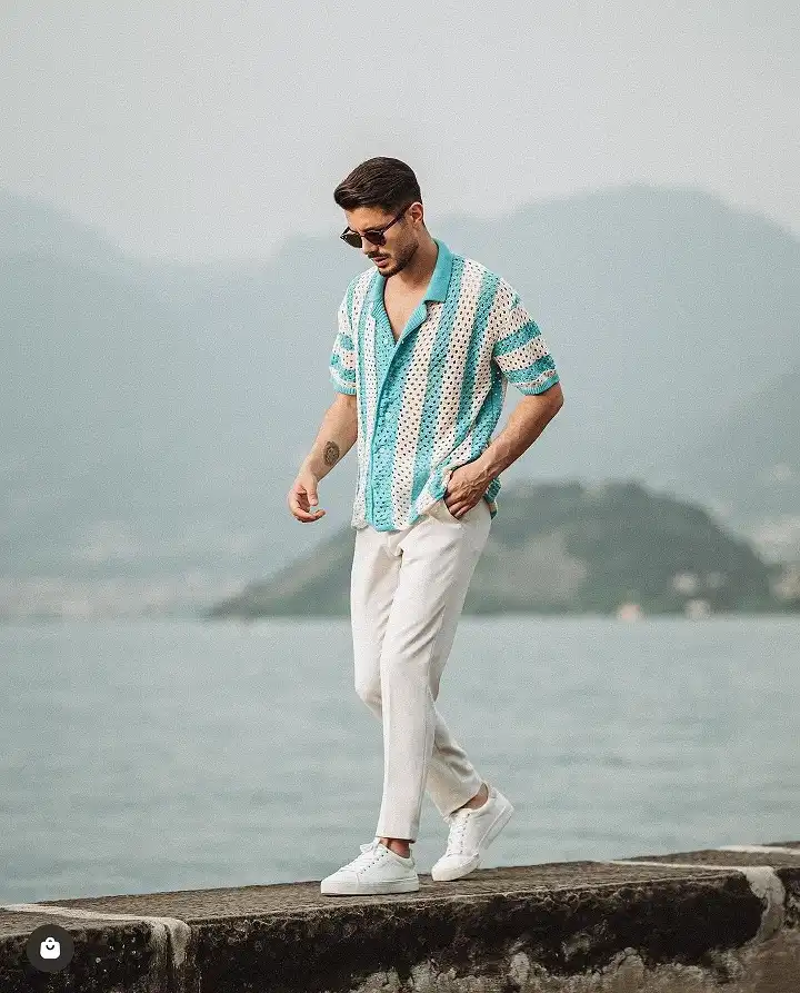 A Crochet Knit Polo Brings Texture to a Simple White Bottom