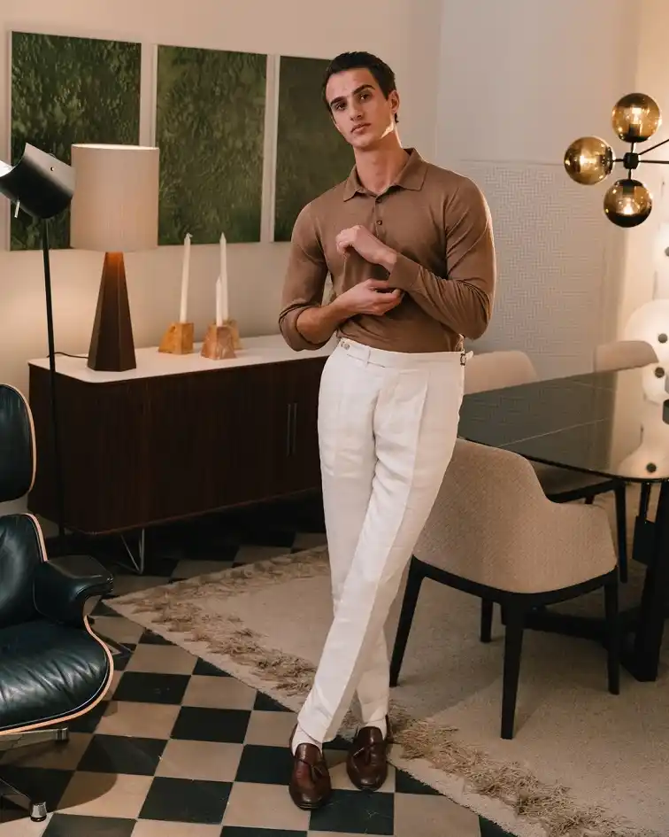 Camel Knit Polo and Pleated Ivory Trousers Bring Real Polish to Linen Pants