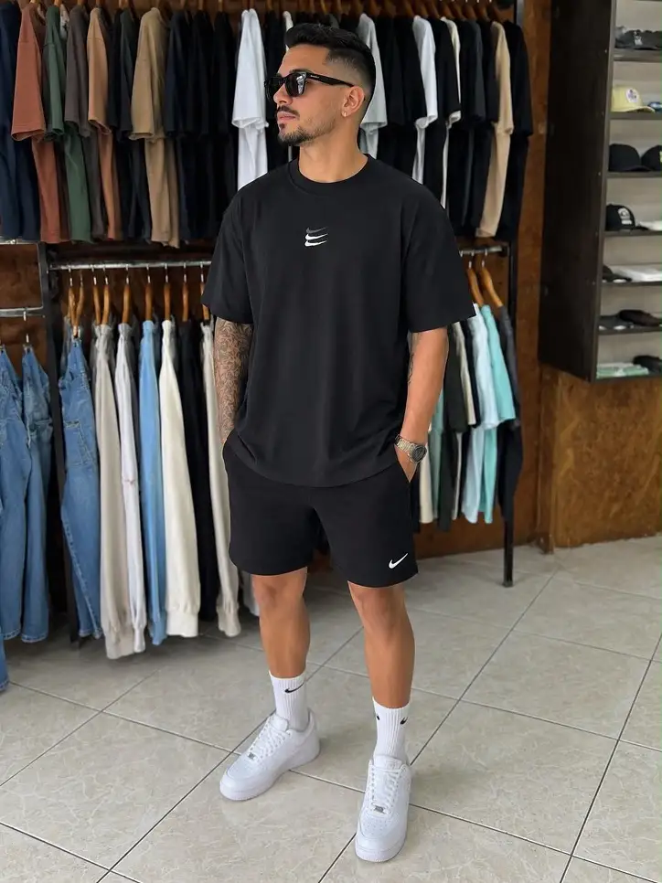 22 Black Shorts Outfit Ideas for Men That Actually Look Put Together 15 Sportswear Set With Bright White Sneakers
