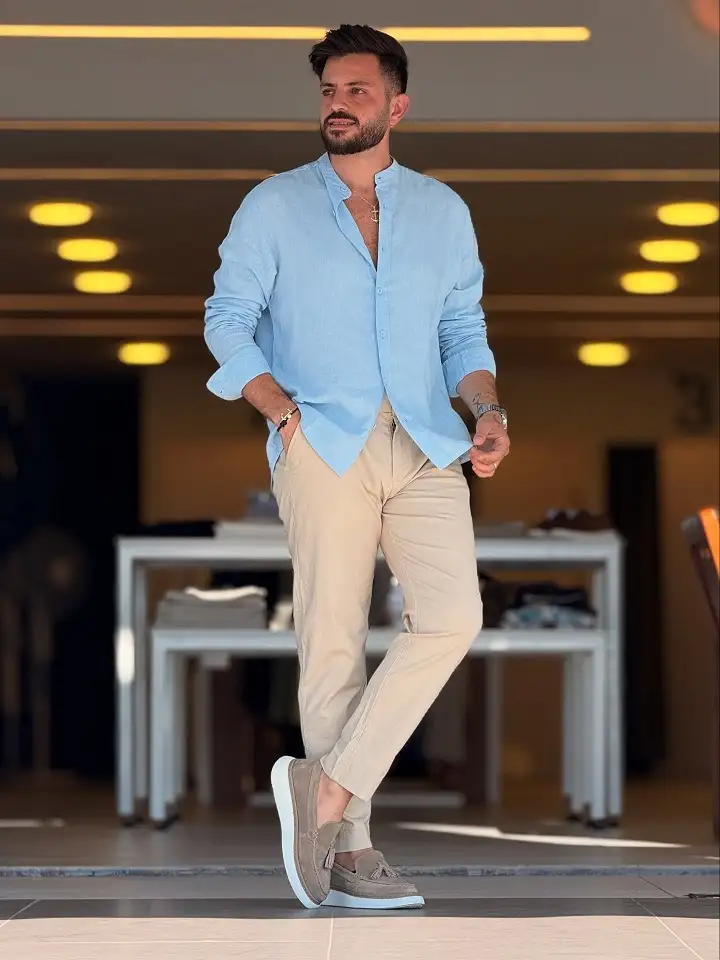 Light Blue Linen Shirt With Beige Chinos